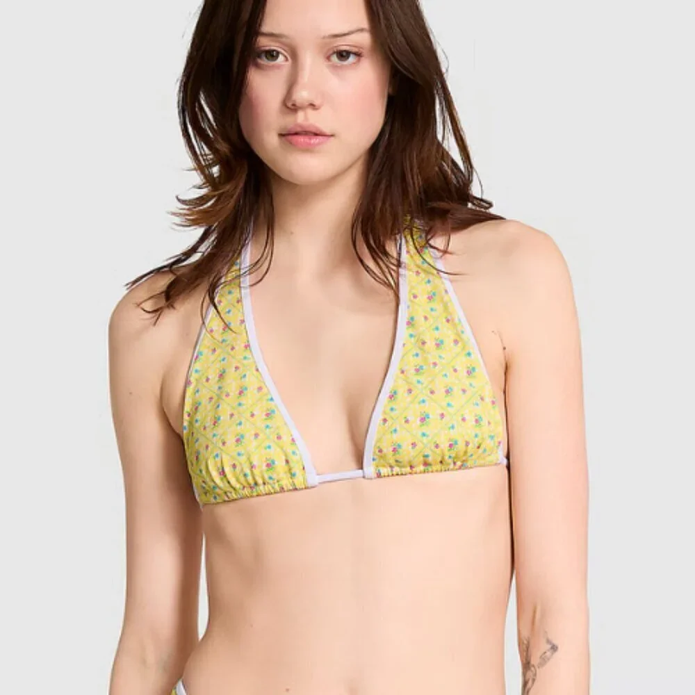 New! Frankie's Bikinis x PINK Augusta floral halter Bikini Top 1521